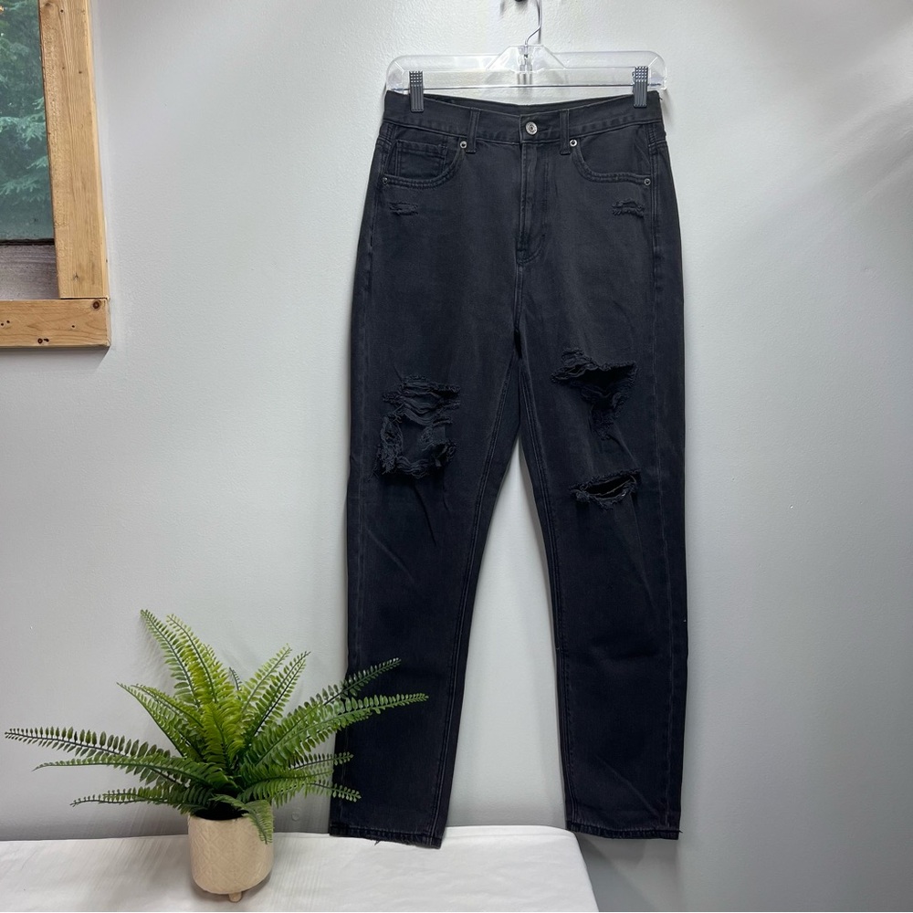 American Eagle Outfitters High Rise Mom Jean Black Distressed Denim Size 4